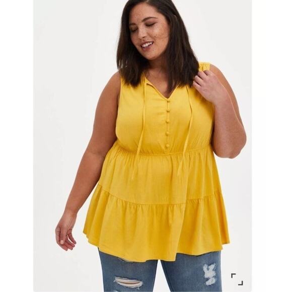 Torrid‎ Women's Rayon Slub Button Front Yellow Tiered Tank Shirt Top Sz 1 (417) - Picture 1 of 9